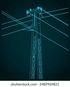 Stylized vector illustration of technical drawing  of utility pole power lines with wires