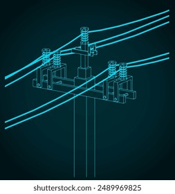 Ilustración vectorial estilizada del dibujo técnico de líneas eléctricas de postes de utilidad con alambres