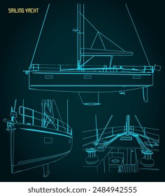 Stylized vector illustration of technical drawings of a sailing yacht