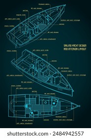 Stylized vector illustration of technical drawings of a sailing yacht design and interior layout