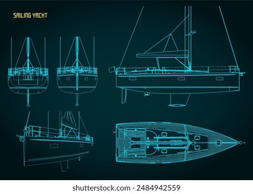 Stylized vector illustration of technical drawings of a sailing yacht