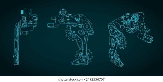 Ilustración vectorial estilizada de planos técnicos de un desviador trasero de bicicleta