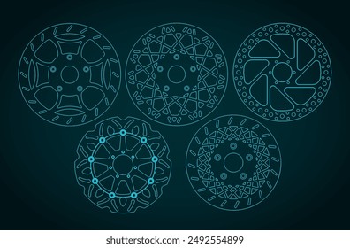 Stylized vector illustration of a technical drawings of brake discs