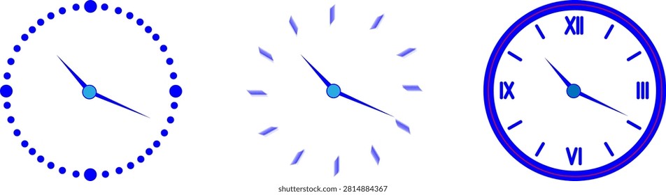 Stylized vector illustration of three blue clocks showing dotted markers, exploding fragments, and Roman numerals on white background