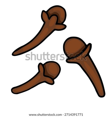 Stylized vector illustration of three brown cloves with bold black outlines, isolated on a white background, representing culinary spice elements.