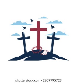 A stylized vector illustration of three crosses on a hill representing Calvary with a crown of thorns shroud and flying doves under a cloudy sky
