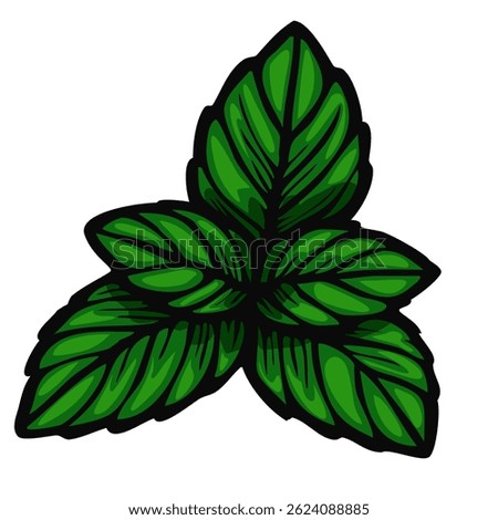 A stylized vector illustration of three green mint leaves with detailed veins and a bold outline, suitable for botanical or culinary themes.