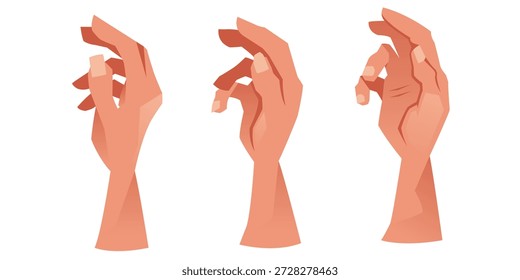 Ilustración vectorial estilizada de tres manos humanas en poses expresivas con sombreado geométrico y tonos de piel.