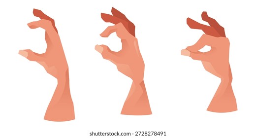 Ilustración vectorial estilizada de tres manos humanas haciendo un gesto circular con el pulgar y el índice, mostrada desde diferentes ángulos en estilo facetado geométrico.