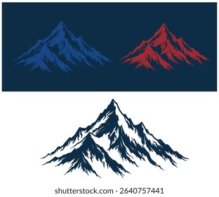 Stylized vector illustration of three majestic mountains in blue, red, and dark blue color schemes.