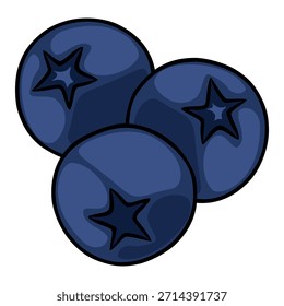 Ilustración vectorial estilizada de tres arándanos maduros con restos de cáliz en forma de estrella, presentados en un diseño limpio y plano sobre un fondo blanco.
