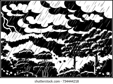 Stylized vector illustration of a thunderstorm in an autumn forest