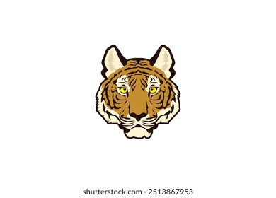 Stylized vector illustration of a tiger's head in a frontal view, showcasing bold lines and earthy tones. The tiger's piercing yellow eyes and detailed stripes create a striking and fierce appearance,