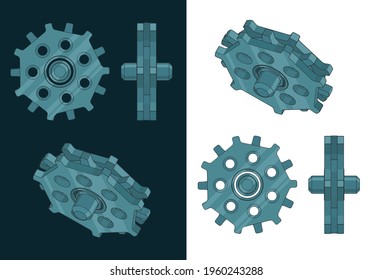 Stylized vector illustration of a toothed gear for chain drive color drawing