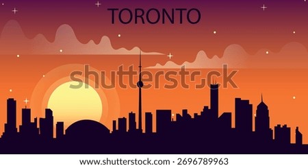 Stylized vector illustration of Toronto skyline against a bright sunset.