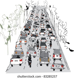 Stylized vector illustration of traffic congestion on highway