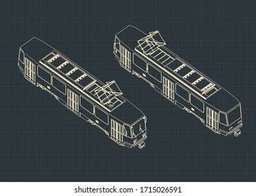 Stylized vector illustration of a tram isometric drawings