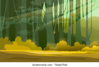 Stylized vector illustration of a tranquil forest scene with sunbeams filtering through green and yellow foliage. Ideal for nature-themed designs, animations, and peaceful backgrounds.