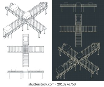 Stylized vector illustration of a transition roller conveyor for production line blueprints