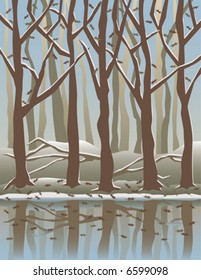 A stylized vector illustration of trees reflected in water in the Wintertime.