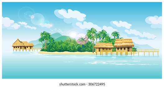 stylized vector illustration of tropical islands with bungalows, pier and beach. seamless horizontally if needed