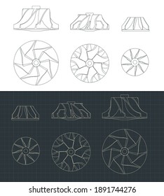 Stylized vector illustration of Turbine impellers drawings mini Set