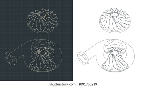 Stylized vector illustration of Turbo pump isometric drawings