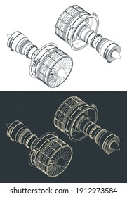 Stylized vector illustration of turbofan engines isometric drawings