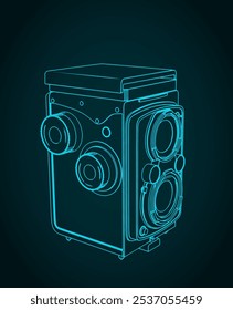 Stylized vector illustration of a twin-lens reflex vintage camera