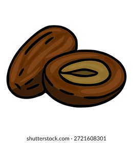 Ilustración vectorial estilizada de dos dátiles marrones, uno entero y otro cortado a la mitad, revelando su semilla y textura interior, sobre un fondo blanco limpio.