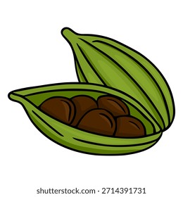 Stylized vector illustration of two green cardamom pods, one opened to reveal dark brown seeds, on a white background.