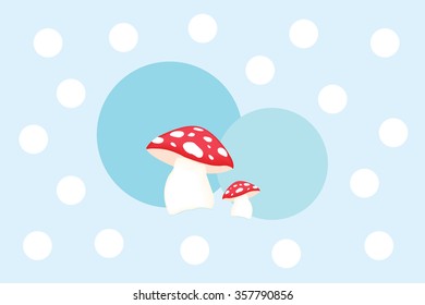 Stylized vector illustration of two mushrooms with red caps, on light blue background with white polka dots.