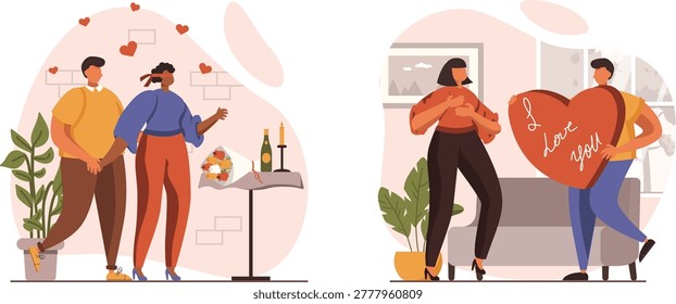 Stylized vector illustration of two people holding heart-shaped balloons in a city setting