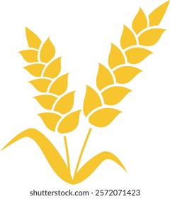 Stylized vector illustration of two ripe ears of wheat with leaves, isolated on white background, representing agriculture, farming, harvest, and healthy food