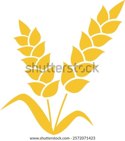 Stylized vector illustration of two ripe ears of wheat with leaves, isolated on white background, representing agriculture, farming, harvest, and healthy food