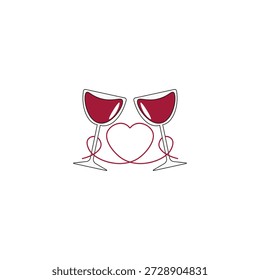 Ilustración vectorial estilizada de dos copas de vino conectadas por una línea roja en forma de corazón. Perfecto para diseños románticos, tarjetas de San Valentín, invitaciones de boda o proyectos temáticos de celebración. 