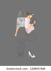 Stylized vector illustration with two young girls in white lacy and pink blouses. Perfect for printing on clothes and other things.