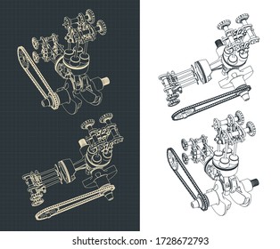 Stylized Vector Illustration Of Two-cylinder Motorcycle Engine With Mechanical Chain Transmission Drawings