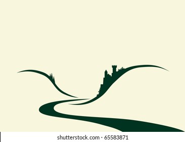 Stylized vector illustration of a typical old german castle situated above of a river