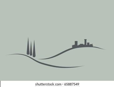 Stylized vector illustration of typical tuscany landscape with village and cypress trees