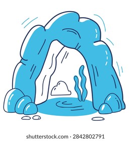 A stylized vector illustration of an underwater cavern featuring blue rocks a small pool and aquatic plants in a simple flat design style