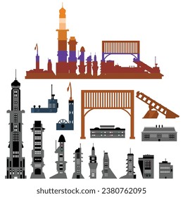 Stylized vector illustration of urban cityscape panorama building construction silhouette elements
