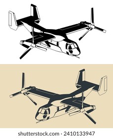 Stylized vector illustration of a V-22B Osprey tiltrotor military aircraft