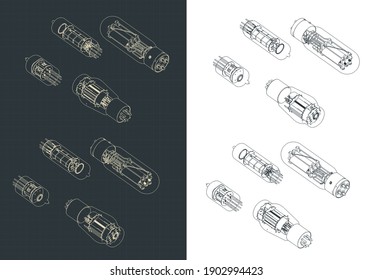 Stylized vector illustration of vacuum tube set isometric drawings