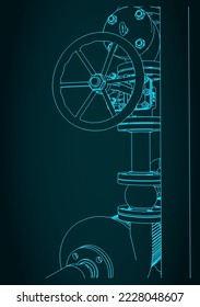 Stylized vector illustration of valve at the water pumping station close-up