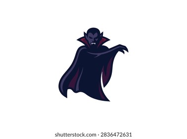 A stylized vector illustration of a vampire wearing a high collar dark cloak with a mysterious and menacing expression isolated on white