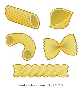 Stylized vector illustration of various pasta types used in italian cuisine, including macaroni, rigatoni, penne, shells, rotini, and farfalle (bowtie).