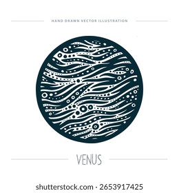 Stylized vector illustration of Venus with abstract surface texture, bold black lines, and engraving style. Artistic planetary design for science and cosmic themes. Part of set.