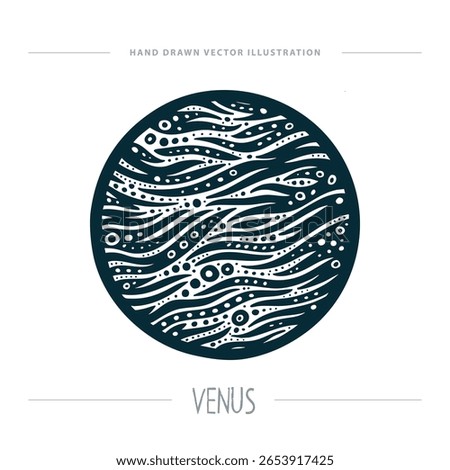 Stylized vector illustration of Venus with abstract surface texture, bold black lines, and engraving style. Artistic planetary design for science and cosmic themes. Part of set.