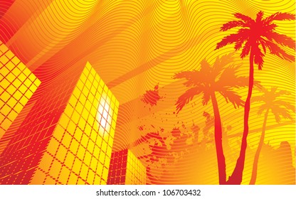 Stylized vector illustration of a very hot summer evening in the downtown area of a city.